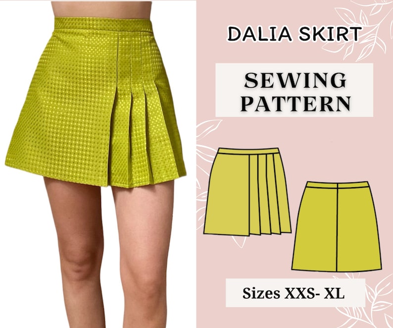 May include: A sewing pattern for a Dalia skirt in sizes XXS-XL. The pattern includes a diagram of the skirt with pleats and a solid skirt.