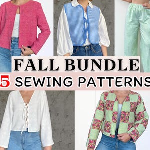 May include: A collage of five different sewing patterns for fall clothing. The patterns include a pink cardigan, a blue and white gingham vest, a white blouse with a lace-up front, a green and white checkered jacket, and a green and white gingham pants.