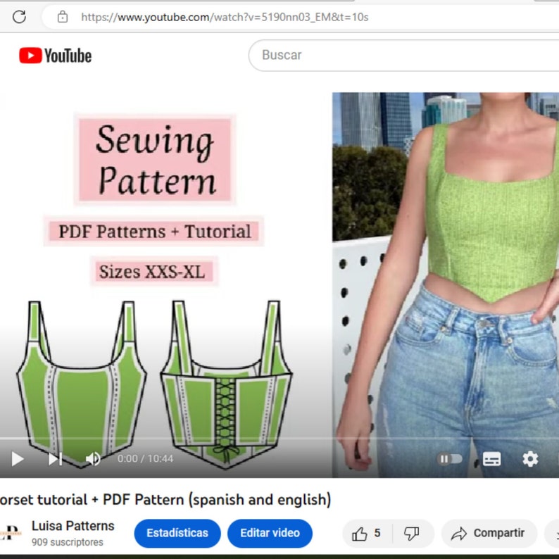 May include: A YouTube video thumbnail showing a green corset sewing pattern with the text "Sewing Pattern", "PDF Patterns + Tutorial", and "Sizes XXS-XL". The video is titled "corset tutorial + PDF Pattern (spanish and english)".