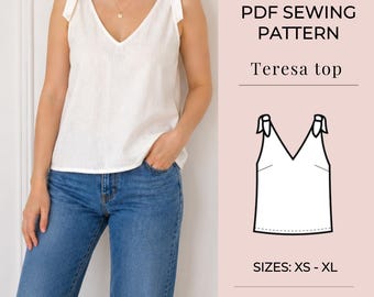 Women top pattern | Pdf sewing pattern | Tie Shoulder Top | Top sewing pattern | Shirt sewing pattern | Sleeveless Top pattern