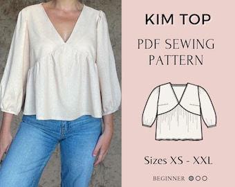 Women top pattern | Pdf sewing pattern | Puffed Sleeve Peplum tie Top pattern | Tie top pattern | Top sewing pattern | Shirt sewing pattern