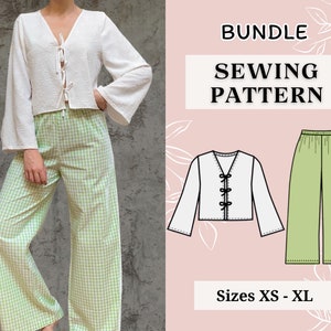 May include: A sewing pattern bundle for a white crop top with a tie detail and green and white gingham wide-leg pants. The pattern includes sizes XS-XL.  "Bundle Sewing Pattern"