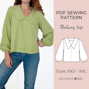 May include: A light green long-sleeved top with a large collar and gathered sleeves. The top is paired with blue jeans. Text on the right reads "PDF Sewing Pattern Melany top" with a line drawing of the top and size information.