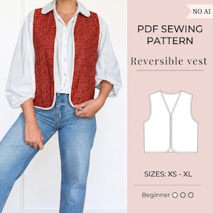 Könnte beinhalten: Ein PDF-Schnittmuster für eine wendbare Weste mit dem Text NO AI, PDF SEWING PATTERN, Reversible vest, SIZES: XS - XL und Beginner mit drei Kreisen. Das Bild zeigt eine Weste aus rotem Stoff mit einem wirbelnden, geschwungenen Muster.
