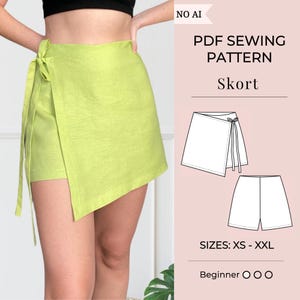 May include: A lime green wrap skort featuring a side tie closure. The image includes text reading PDF SEWING PATTERN Skort, SIZES: XS - XXL, and Beginner, along with two black and white line drawings showing the front and back of the garment design.
