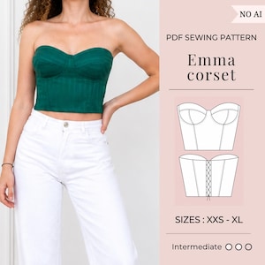 Peut inclure: Un bustier vert sans bretelles avec un décolleté en cœur est associé à un jean blanc. L'image comprend un patron de couture PDF pour le "corset Emma" avec des tailles allant de XXS à XL. Le patron est de niveau intermédiaire.