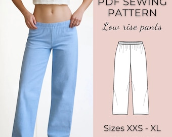 Low Rise Wide Leg Pants Sewing Pattern: Elastic Waist (PDF Pattern A4, XXS-XL)