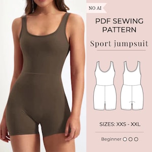 May include: A brown sleeveless sport jumpsuit with a scoop neckline and shorts. The image includes text reading NO AI, PDF SEWING PATTERN, Sport jumpsuit, SIZES: XXS - XXL, and Beginner with three circles, plus a line drawing of the garment.