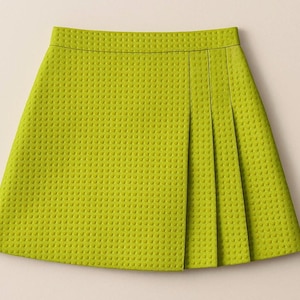 May include: A lime green pleated skirt with a textured surface.