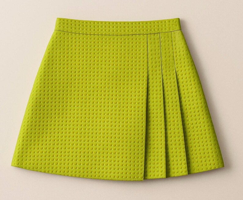 May include: A lime green pleated skirt with a textured surface.