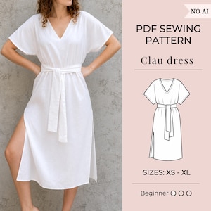 Puede incluir: Un vestido midi blanco con mangas cortas, cuello en V y cinturón de lazo. El lateral presenta una abertura alta. La imagen incluye el texto: NO AI, PDF SEWING PATTERN, Clau dress, SIZES: XS - XL, y un dibujo lineal en blanco y negro.