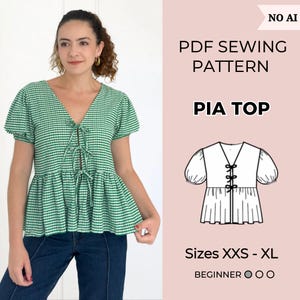 Puff Sleeve Peplum Blouse Sewing Pattern PDF | Tie Front Classic Vintage Women’s Shirt Pattern | Top sewing pattern