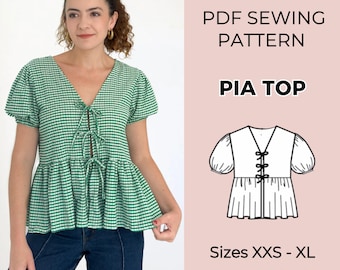 Puff Sleeve Peplum Blouse Sewing Pattern PDF | Tie Front Classic Vintage Women’s Shirt Pattern | Top sewing pattern