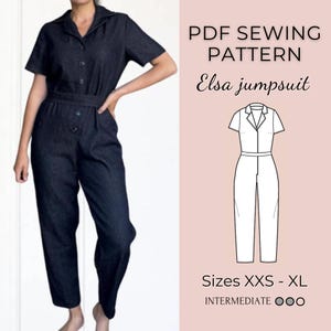 May include: A dark denim jumpsuit with short sleeves, a button-down front, and a matching belt. The image also includes a line drawing of the jumpsuit and text that reads "PDF Sewing Pattern Elsa jumpsuit" and "Sizes XXS - XL".