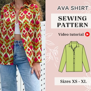 Patrón de costura en PDF // Patrón de camisa // Talla XS - XL // Patrón de costura // Patrón de blusa // Tutorial de costura // Patrón de mujer // Videotutorial