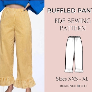 Pants sewing pattern | Hight waist pants | PDF sewing patterns | Elastic pants pattern | Ruffled pants pattern | Wide leg