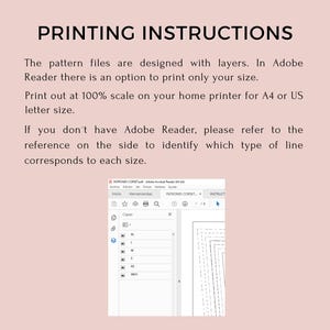 May include: A light pink background with the text "PRINTING INSTRUCTIONS" in black. Instructions are provided for printing pattern files, including using Adobe Reader and printing at 100% scale on A4 or US letter size paper. A screenshot of Adobe Reader is included.