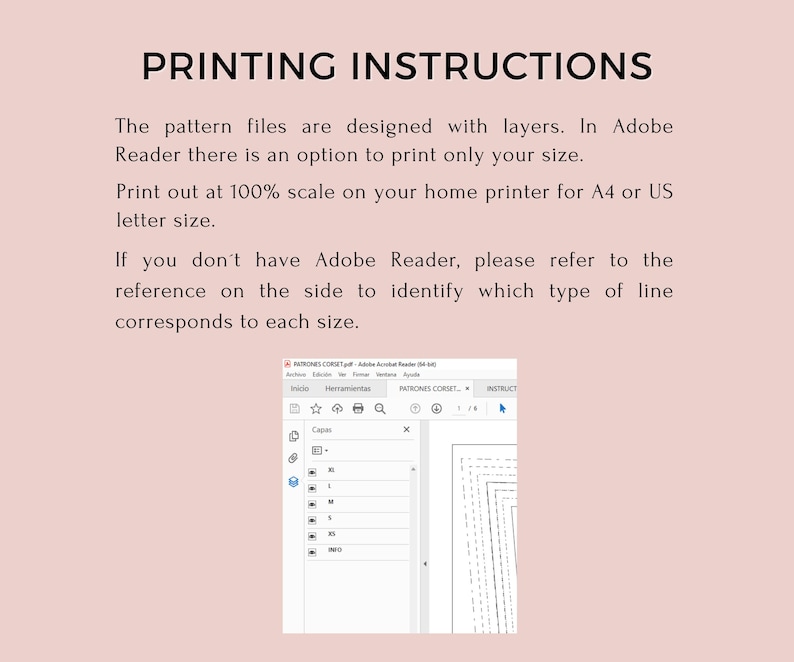 May include: A light pink background with the text "PRINTING INSTRUCTIONS" in black. Instructions are provided for printing pattern files, including using Adobe Reader and printing at 100% scale on A4 or US letter size paper. A screenshot of Adobe Reader is included.