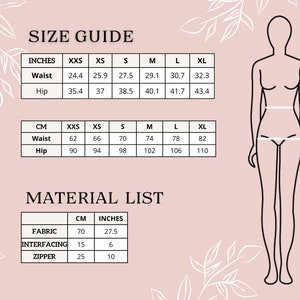 May include: Size chart in inches and centimeters for a garment. The chart shows measurements for waist and hip in sizes XXS, XS, S, M, L, and XL. A material list shows the amount of fabric, interfacing, and zipper needed in centimeters and inches.
