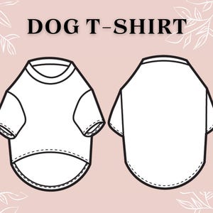 May include: A black and white line drawing of a dog t-shirt showing both the front and back views. The text DOG T-SHIRT is printed in black at the top centre. The design features short sleeves, a rounded neckline, and a curved hemline.