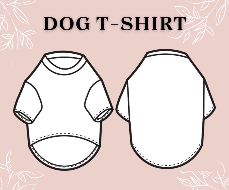 May include: A black and white line drawing of a dog t-shirt showing both the front and back views. The text DOG T-SHIRT is printed in black at the top centre. The design features short sleeves, a rounded neckline, and a curved hemline.