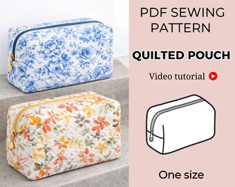 May include: Two quilted pouches with zipper closures. One is white with blue floral print, the other is white with autumn leaf print. The text on the image reads "PDF Sewing Pattern Quilted Pouch" and "One size".