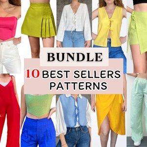 Puede incluir: Un collage de 10 patrones de ropa diferentes, que incluyen una falda de cuadros verdes, un top amarillo sin mangas, un mono rojo, un chaleco azul y un pantalón de cuadros verdes y blancos. El texto "BUNDLE 10 BEST SELLERS PATTERNS" se muestra en el centro de la imagen.