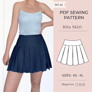 May include: A PDF sewing pattern for the Rita Skirt, featuring a dark blue pleated skirt with a high waist. The digital document includes the text NO AI, PDF SEWING PATTERN, Rita Skirt, a line drawing of the skirt, SIZES: XS - XL, and Beginner.