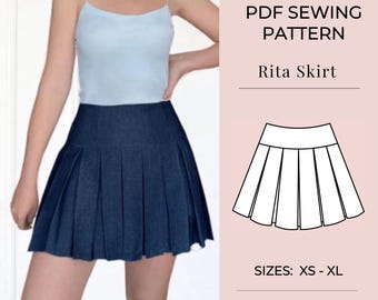 May include: A PDF sewing pattern for the Rita Skirt, featuring a dark blue pleated skirt with a high waist. The digital document includes the text NO AI, PDF SEWING PATTERN, Rita Skirt, a line drawing of the skirt, SIZES: XS - XL, and Beginner.
