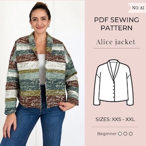 May include: A PDF sewing pattern for the Alice jacket, featuring a horizontal striped jacket in shades of brown, green, and white with a shawl collar. The graphic includes the text PDF SEWING PATTERN, Alice jacket, SIZES: XXS - XXL, and Beginner.
