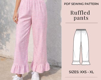 Pants sewing pattern | Hight waist pants | PDF sewing patterns | Elastic pants pattern | Ruffled pants pattern | Wide leg