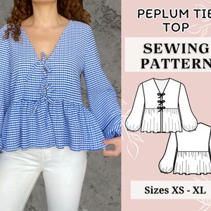 Women top pattern | Pdf sewing pattern | Puffed Sleeve Peplum tie Top pattern | Tie top pattern | Top sewing pattern | Shirt sewing pattern