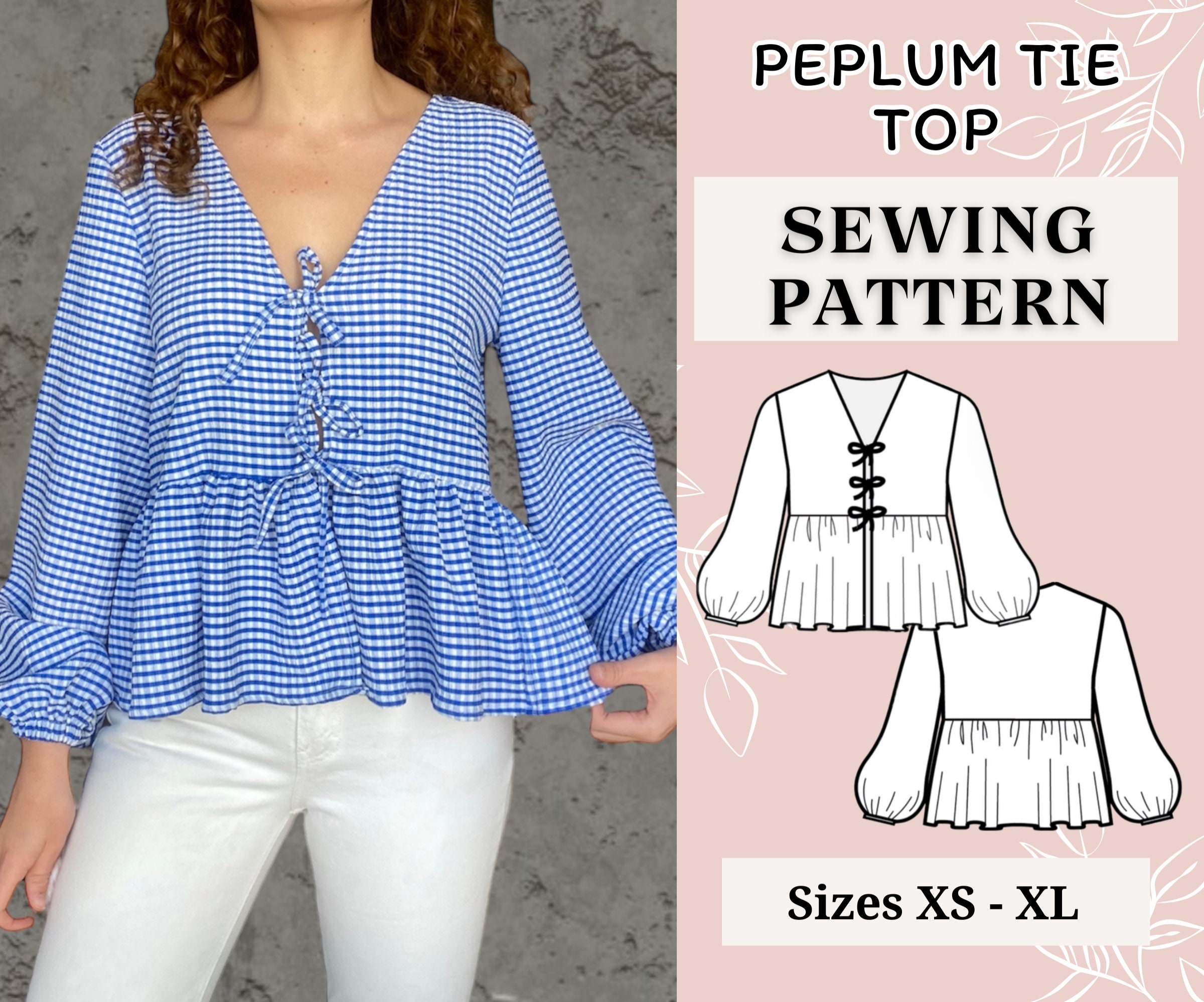 Women top pattern | Pdf sewing pattern | Puffed Sleeve Peplum tie Top pattern | Tie top pattern | Top sewing pattern | Shirt sewing pattern