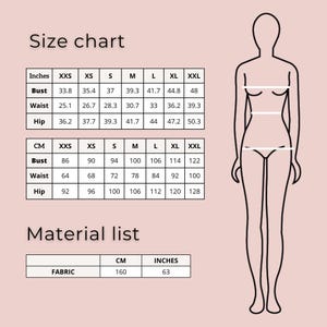 May include: A size chart and material list infographic on a light pink background. It features a black outline of a human figure with horizontal lines indicating bust, waist, and hip measurements in inches and centimeters for sizes XXS to XXL.