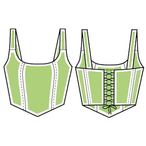 May include: A green, sleeveless top with a lace-up back. The top has a square neckline and a pointed hem.