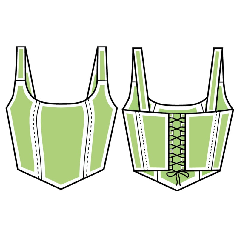 May include: A green, sleeveless top with a lace-up back. The top has a square neckline and a pointed hem.