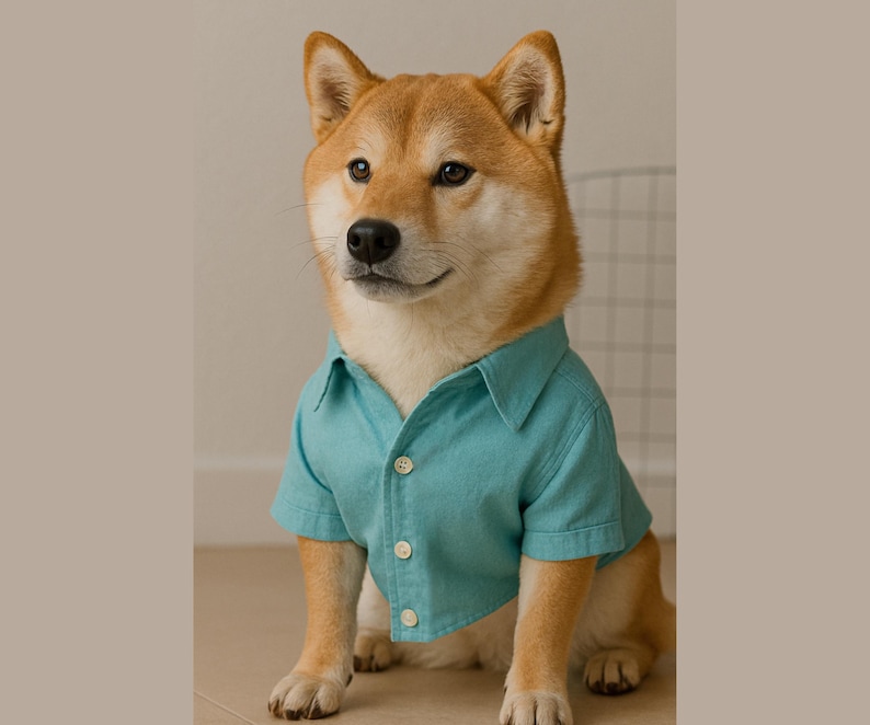 Pu&ograve; includere: Un cane Shiba Inu che indossa una camicia abbottonata a maniche corte di colore blu chiaro. Il cane &egrave; seduto su un pavimento di piastrelle marroni chiare.