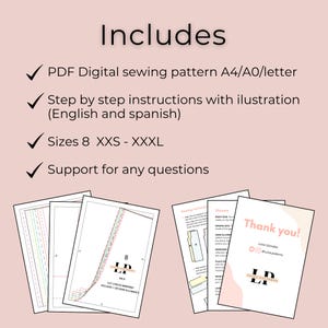 May include: A digital sewing pattern product listing on a light pink background. Text includes: Includes, PDF Digital sewing pattern A4/A0/letter, Step by step instructions with illustration (English and spanish), Sizes 8 XXS - XXXL, Support for any questions.