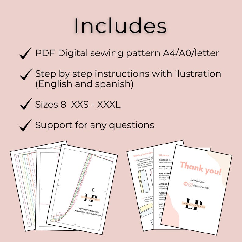 May include: A digital sewing pattern product listing on a light pink background. Text includes: Includes, PDF Digital sewing pattern A4/A0/letter, Step by step instructions with illustration (English and spanish), Sizes 8 XXS - XXXL, Support for any questions.