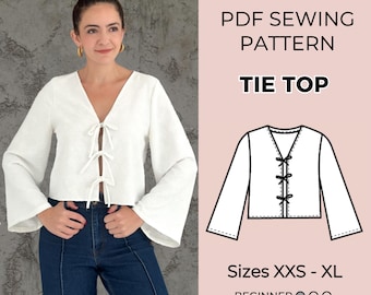 Tie Top Blouse Sewing Pattern PDF: Vintage-Inspired Long Sleeve Shirt (XS-XL)