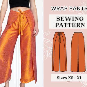 Op de afbeelding: Een naaipatroon voor wikkelbroeken. Het patroon bevat instructies voor maten XS tot XL. Het patroon is geïllustreerd met een lijntekening van de broek.