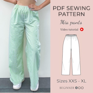 Patron de couture pantalon | Pantalon taille haute | Patrons de couture PDF | Papier peint instantané A4 | Tailles XXS-XL | Jambe large