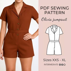 May include: A brown short-sleeved jumpsuit with a collared neckline and button-down front. The garment has a fitted waist and shorts. The image also includes a line drawing of the jumpsuit and text that reads "PDF Sewing Pattern Olivia jumpsuit" and "Sizes XXS - XL".