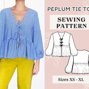 Women top pattern | Pdf sewing pattern | Puffed Sleeve Peplum tie Top pattern | Tie top pattern | Top sewing pattern | Shirt sewing pattern