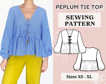 Top pour femme | Patron de couture PDF | Top à nouer à basque et à manches bouffantes | Modèle à nouer | Patron de couture haut | Patron de couture chemise