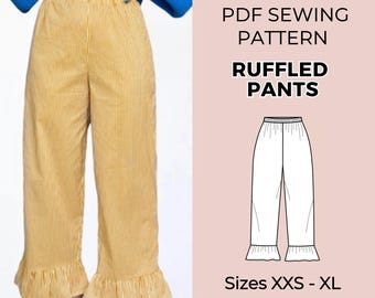 Pants sewing pattern | Hight waist pants | PDF sewing patterns | Elastic pants pattern | Ruffled pants pattern | Wide leg