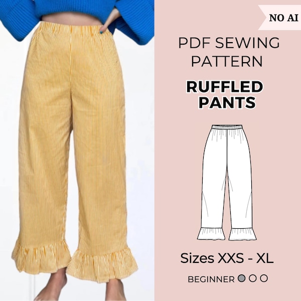 Pants sewing pattern | Hight waist pants | PDF sewing patterns | Elastic pants pattern | Ruffled pants pattern | Wide leg
