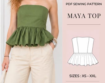 Patrón de costura para top con volantes / Patrón de corsé / Patrón de top peplum / Patrón de costura para bustier / Patrón de costura en PDF / Patrón de costura para mujer