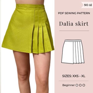 May include: A chartreuse pleated skirt with a textured pattern. The skirt is part of a PDF sewing pattern called "Dalia skirt". The pattern includes sizes from XXS to XL and is rated for beginners.