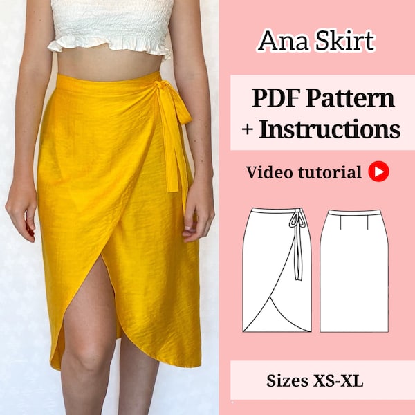 Couture de jupe portefeuille || Patron de couture PDF || Papier peint instantané A4 || Tutoriel vidéo || Jupe mi-longue